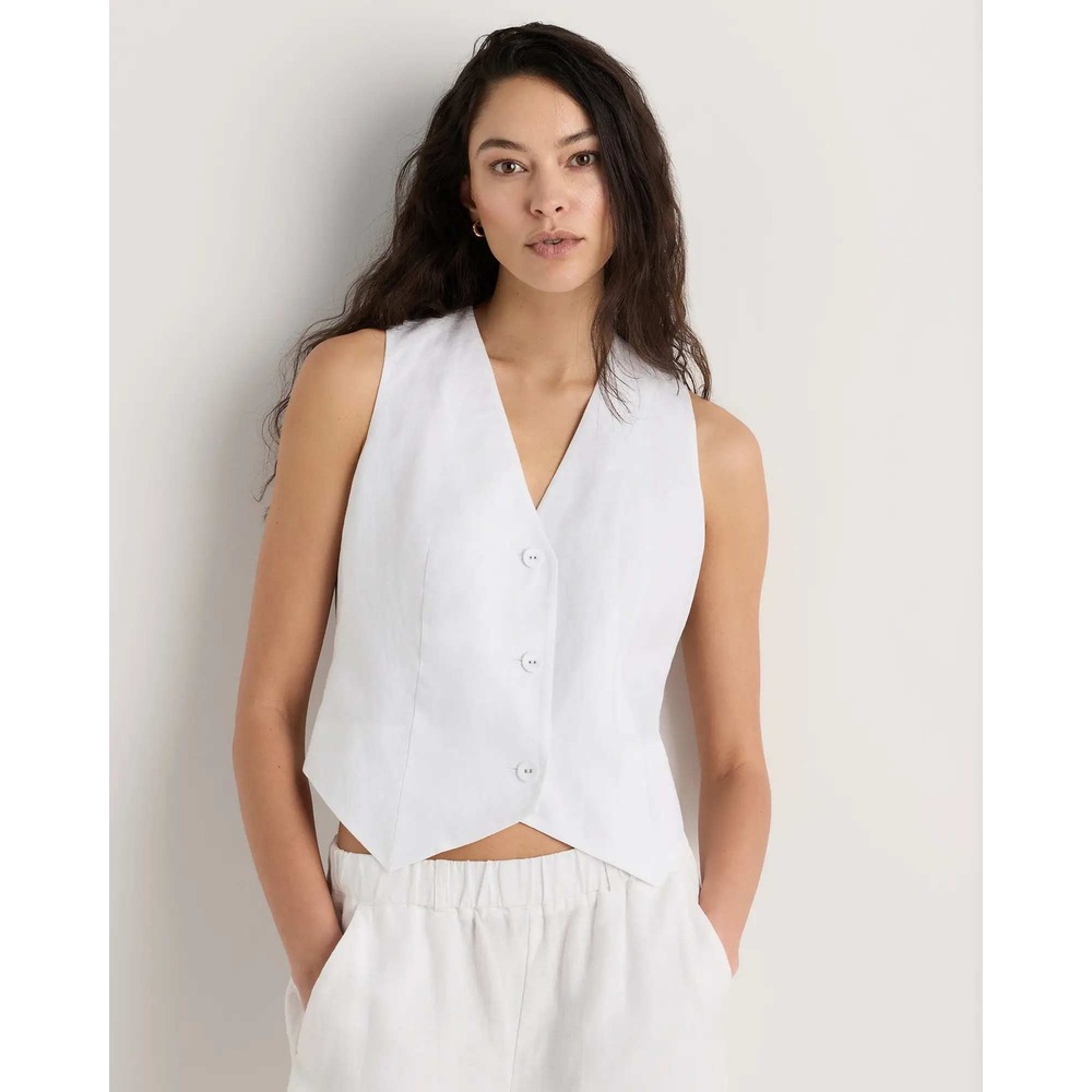 Quince European Linen Vest White V-Neck Button Front Size Medium NWT